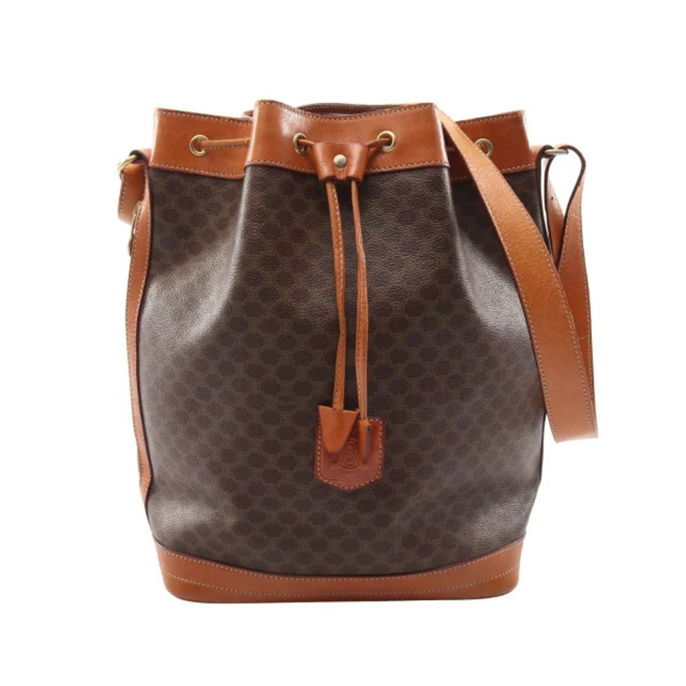 Celine Macadam Drawstring Shoulder Bag Canvas Leather Brown